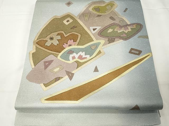 平和屋着物●六通柄袋帯 舞花文 銀通し地 正絹 逸品 CAAX9251yk