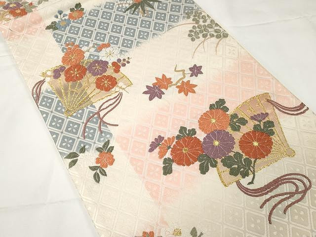 平和屋着物●六通柄袋帯　唐織錦　絵扇小花文　正絹　逸品　CAAX9257yk