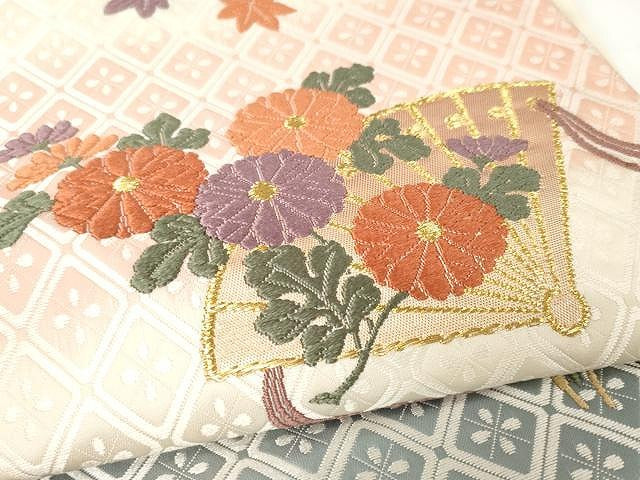 平和屋着物●六通柄袋帯　唐織錦　絵扇小花文　正絹　逸品　CAAX9257yk