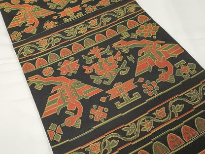 平和屋着物●六通柄 本袋帯 名物裂類錦文 黒地 正絹 逸品 CAAX9259yk