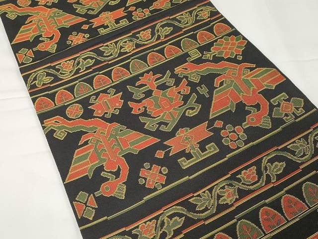 平和屋着物●六通柄 本袋帯 名物裂類錦文 黒地 正絹 逸品 CAAX9259yk