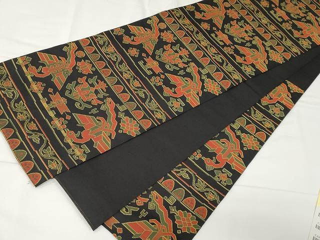 平和屋着物●六通柄 本袋帯 名物裂類錦文 黒地 正絹 逸品 CAAX9259yk