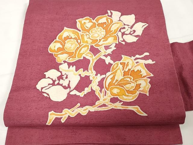平和屋着物●九寸名古屋帯　ろうけつ染め　作家物　紬地　枝花文　正絹　逸品　CAAX9300yk