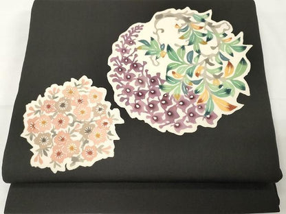 平和屋着物●塩瀬　九寸開き名古屋帯　型染め　枝花文　黒地　正絹　逸品　CAAX9313yk