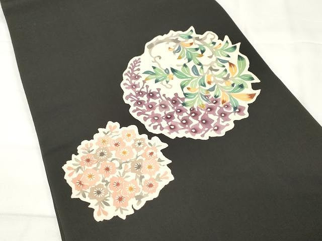 平和屋着物●塩瀬　九寸開き名古屋帯　型染め　枝花文　黒地　正絹　逸品　CAAX9313yk