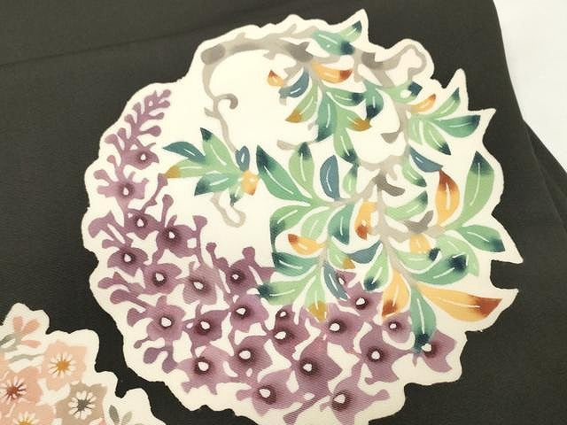 平和屋着物●塩瀬　九寸開き名古屋帯　型染め　枝花文　黒地　正絹　逸品　CAAX9313yk