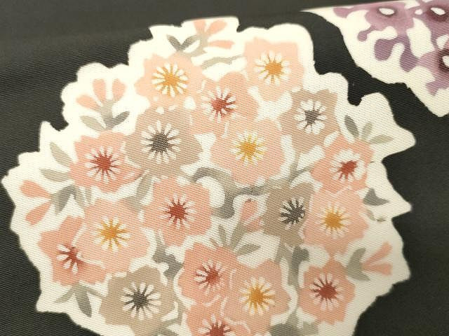 平和屋着物●塩瀬　九寸開き名古屋帯　型染め　枝花文　黒地　正絹　逸品　CAAX9313yk
