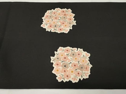 平和屋着物●塩瀬　九寸開き名古屋帯　型染め　枝花文　黒地　正絹　逸品　CAAX9313yk