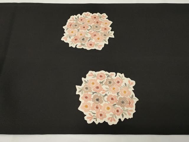 平和屋着物●塩瀬　九寸開き名古屋帯　型染め　枝花文　黒地　正絹　逸品　CAAX9313yk