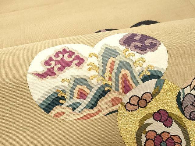 平和屋着物▼爪搔き本綴れ　太鼓柄袋帯　枝花文　金糸　正絹　逸品　CAAX9334yk