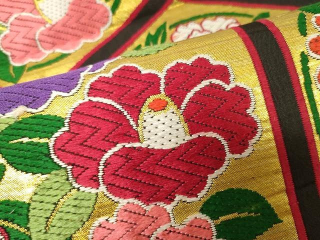 平和屋着物●六通柄袋帯　唐織　亀甲枝花文　黒地　金糸　正絹　逸品　CAAX9380yk