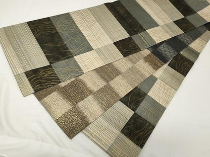 平和屋着物▽スリーシーズン 春夏秋 両面 六通柄袋帯 市松文 金糸 正絹 逸品 CAAX9422yk
