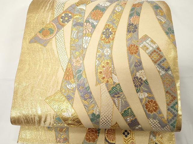 平和屋着物●六通柄袋帯　唐織　かずら帯　正倉院花文　金糸　正絹　逸品　CAAX9425yk