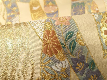 平和屋着物●六通柄袋帯　唐織　かずら帯　正倉院花文　金糸　正絹　逸品　CAAX9425yk