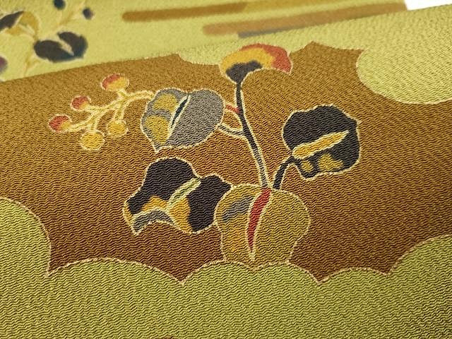 平和屋着物●全通柄九寸名古屋帯　京友禅　枝花文　反端付き　金彩　正絹　逸品　CAAX9436yk