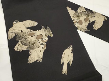 平和屋着物●創作　九寸名古屋帯　雀文　黒地　正絹　逸品　CAAX9478yk