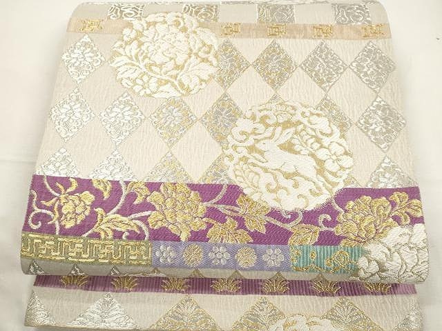 平和屋着物●京の名門 じゅらく謹製 帝王紫 六通柄袋帯 唐織 跳兎 花唐草文 金糸 正絹 逸品 CAAX9529yk