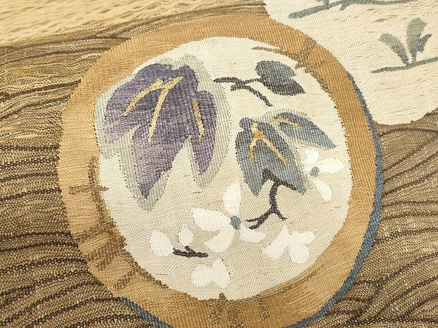 平和屋着物▽スリーシーズン 春夏秋 太鼓柄袋帯 すくい織 枝花丸文 反端付き 金糸 正絹 逸品 CAAX9561yk