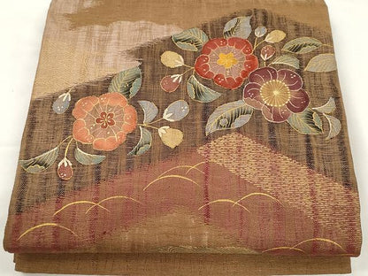 平和屋着物▽スリーシーズン 春夏秋 太鼓柄袋帯 刺繍 櫛織 舞花文 金彩 正絹 逸品 CAAX9563yk