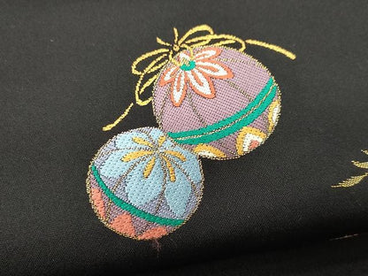 平和屋着物●九寸開き名古屋帯 唐織 毬鞠遊び 黒地 金糸 正絹 逸品 CAAX9567yk