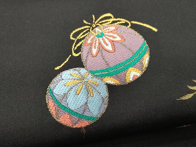 平和屋着物●九寸開き名古屋帯 唐織 毬鞠遊び 黒地 金糸 正絹 逸品 CAAX9567yk