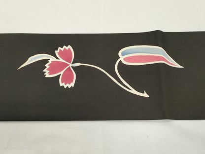 平和屋着物●塩瀬 九寸名古屋帯 型染め 枝花文 黒地 金彩 正絹 逸品 CAAX9587yk