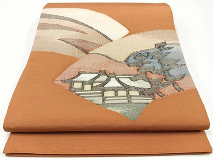 平和屋着物◎太鼓柄袋帯　地紙風景文　正絹　逸品　未使用　CAAX9779xe