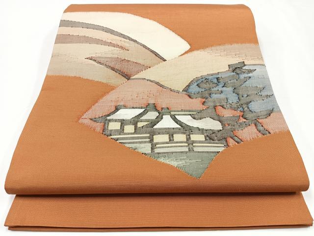 平和屋着物◎太鼓柄袋帯　地紙風景文　正絹　逸品　未使用　CAAX9779xe