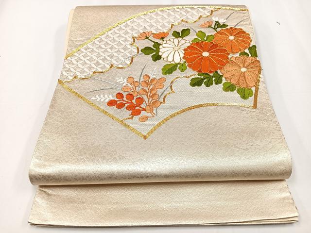 平和屋着物◎太鼓柄袋帯　総刺繍　駒刺繍　地紙花文　銀糸　正絹　逸品　CAAX9817xe