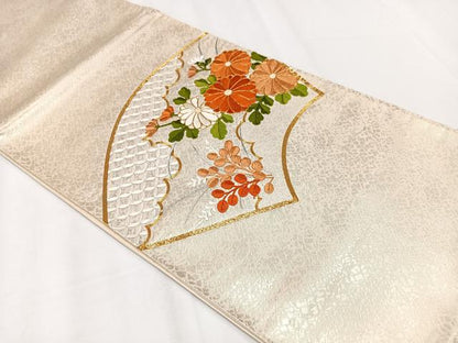 平和屋着物◎太鼓柄袋帯　総刺繍　駒刺繍　地紙花文　銀糸　正絹　逸品　CAAX9817xe