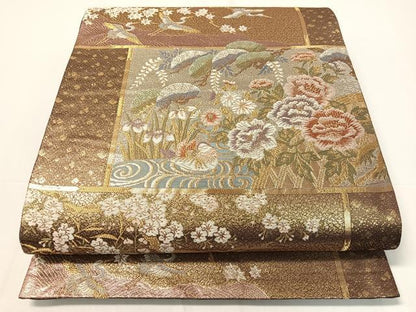 平和屋着物▼六通柄袋帯 唐織 流水花鳥天井文 金銀糸 正絹 逸品 CAAY0208vp