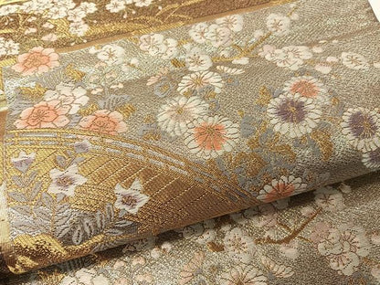 平和屋着物▼六通柄袋帯 唐織 流水花鳥天井文 金銀糸 正絹 逸品 CAAY0208vp