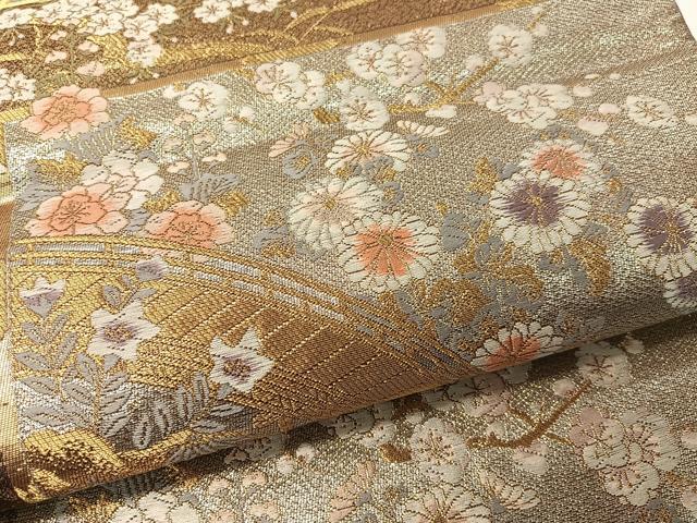 平和屋着物▼六通柄袋帯 唐織 流水花鳥天井文 金銀糸 正絹 逸品 CAAY0208vp