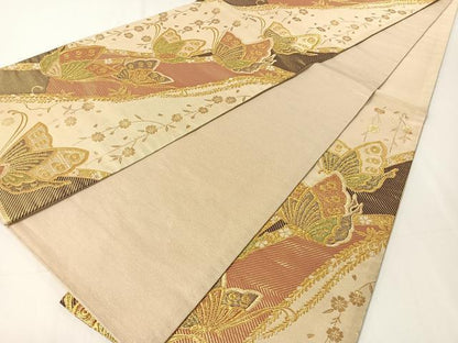 平和屋着物▼六通柄袋帯　枝垂れ花蝶文　金糸　正絹　逸品　CAAY0224vp
