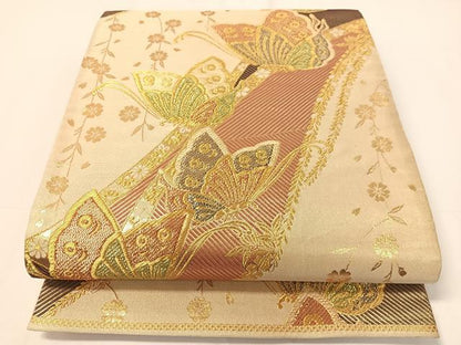 平和屋着物▼六通柄袋帯　枝垂れ花蝶文　金糸　正絹　逸品　CAAY0224vp