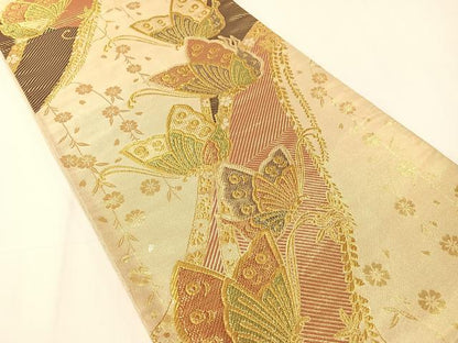 平和屋着物▼六通柄袋帯　枝垂れ花蝶文　金糸　正絹　逸品　CAAY0224vp