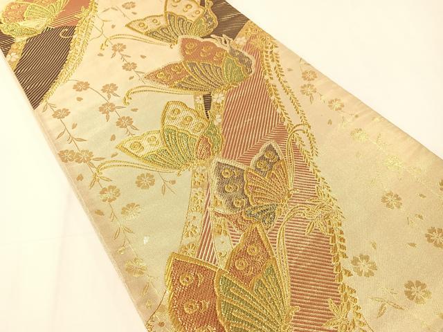 平和屋着物▼六通柄袋帯　枝垂れ花蝶文　金糸　正絹　逸品　CAAY0224vp