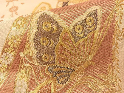 平和屋着物▼六通柄袋帯　枝垂れ花蝶文　金糸　正絹　逸品　CAAY0224vp