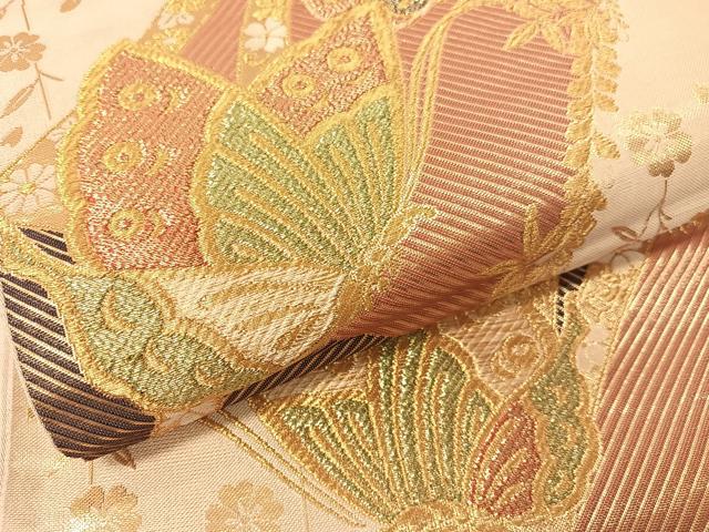 平和屋着物▼六通柄袋帯　枝垂れ花蝶文　金糸　正絹　逸品　CAAY0224vp