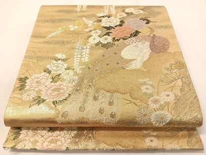 平和屋着物▼六通柄袋帯　唐織　孔雀花文　金銀糸　引箔　正絹　逸品　CAAY0295vp