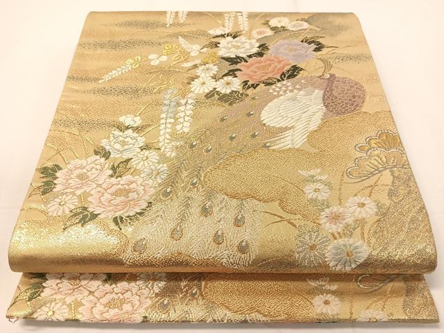 平和屋着物▼六通柄袋帯　唐織　孔雀花文　金銀糸　引箔　正絹　逸品　CAAY0295vp