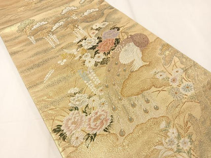 平和屋着物▼六通柄袋帯　唐織　孔雀花文　金銀糸　引箔　正絹　逸品　CAAY0295vp