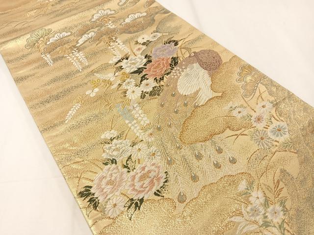 平和屋着物▼六通柄袋帯　唐織　孔雀花文　金銀糸　引箔　正絹　逸品　CAAY0295vp