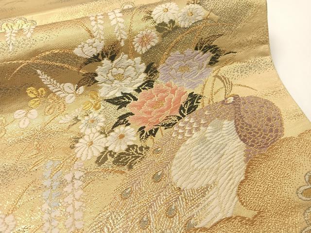 平和屋着物▼六通柄袋帯　唐織　孔雀花文　金銀糸　引箔　正絹　逸品　CAAY0295vp