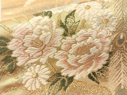 平和屋着物▼六通柄袋帯　唐織　孔雀花文　金銀糸　引箔　正絹　逸品　CAAY0295vp
