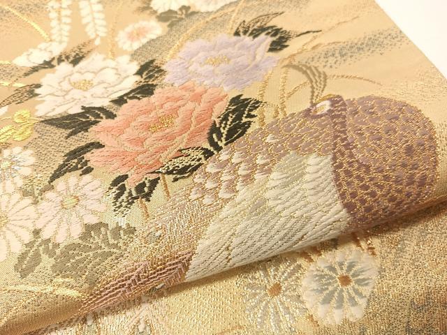 平和屋着物▼六通柄袋帯　唐織　孔雀花文　金銀糸　引箔　正絹　逸品　CAAY0295vp