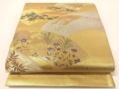 平和屋着物▼六通柄袋帯 地紙立波花松文 金銀糸 引箔 正絹 逸品 CAAY0297vp