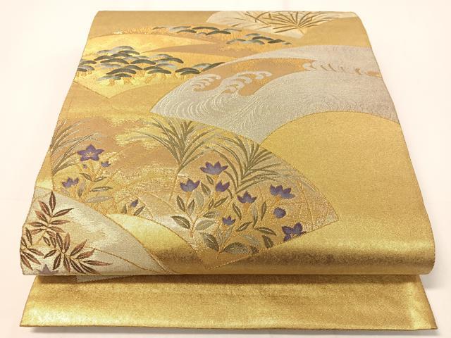 平和屋着物▼六通柄袋帯 地紙立波花松文 金銀糸 引箔 正絹 逸品 CAAY0297vp