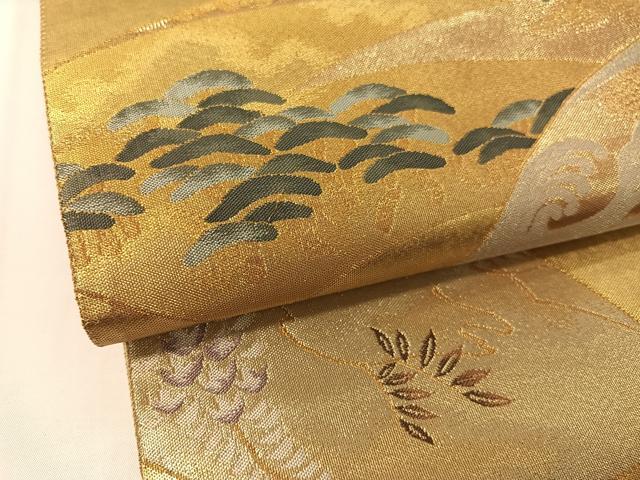 平和屋着物▼六通柄袋帯 地紙立波花松文 金銀糸 引箔 正絹 逸品 CAAY0297vp