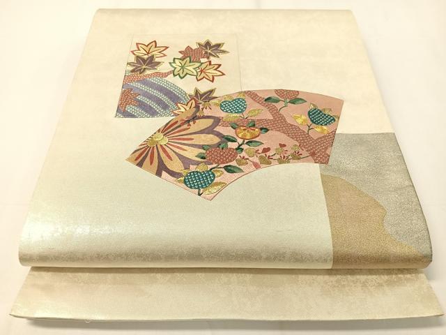 平和屋着物▼太鼓柄袋帯　駒刺繍　切嵌　地紙花文　金銀彩　引箔　正絹　逸品　CAAY0348vp